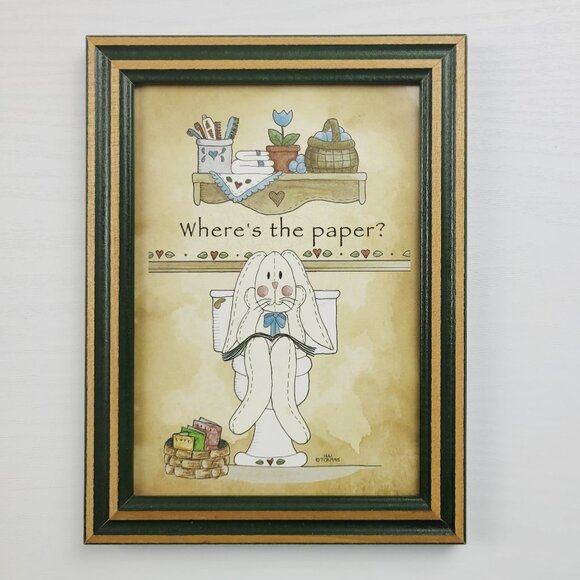 Vintage 90s Where's the Paper Framed Bathroom Folk Art Bunny Print 1661 TCR 1995 - Picture 1 of 12